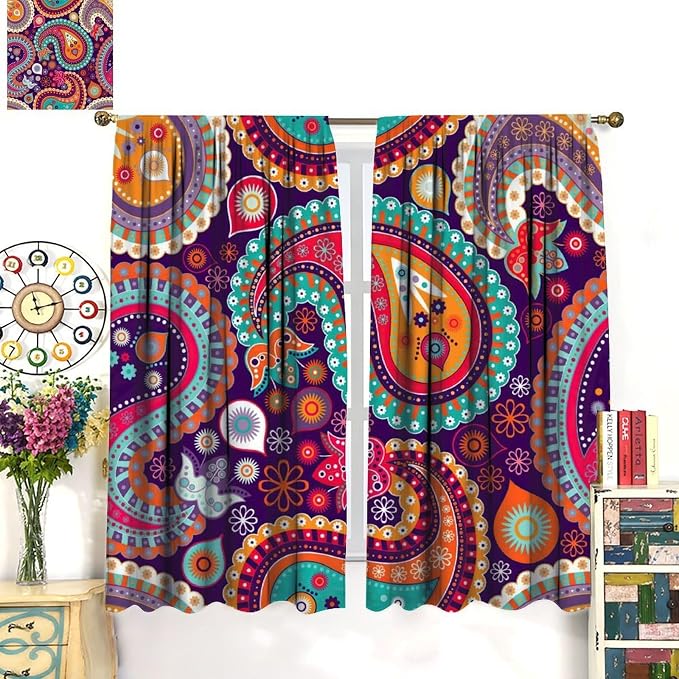 Paisley Blackout Curtains, Bohemian-Style Ethnic Tribal Print Window Treatments, for Bedrooms, Living Rooms and Kitchens.42X54 Inch