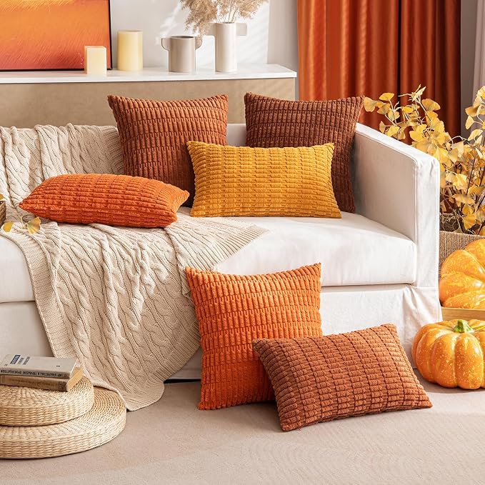 MIULEE Fall Pack of 2 Orange Corduroy Decorative Lumbar Pillow Covers 20x12 Inch Soft Boho Striped Throw Pillow Covers Modern Farmhouse Home Decor for Sofa Living Room Couch Bed