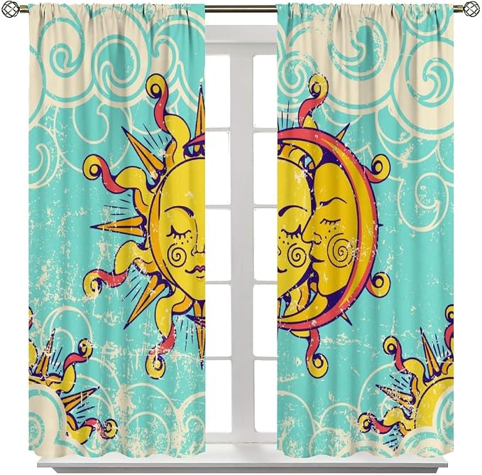 Retro Bohemian Sun Moon Blackout Curtains, Boho Sun Moon Stars Art Rustic Farmhouse Window Drapes, for Living Room Bedroom 42x54in 2 Panels