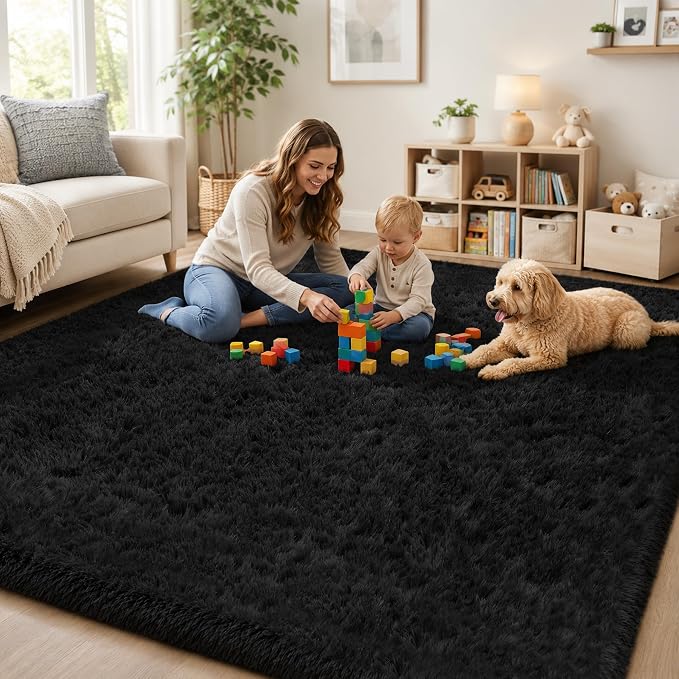 8x10 Area Rugs for Living Room Bedroom: Soft Fluffy Black Shag Upgrade Non-Slip High Pile Carpet Large Fuzzy Plush Indoor Floor Decor Shaggy Rug for Kid Boys Girls Dorms Playroom Nursery Modern Home