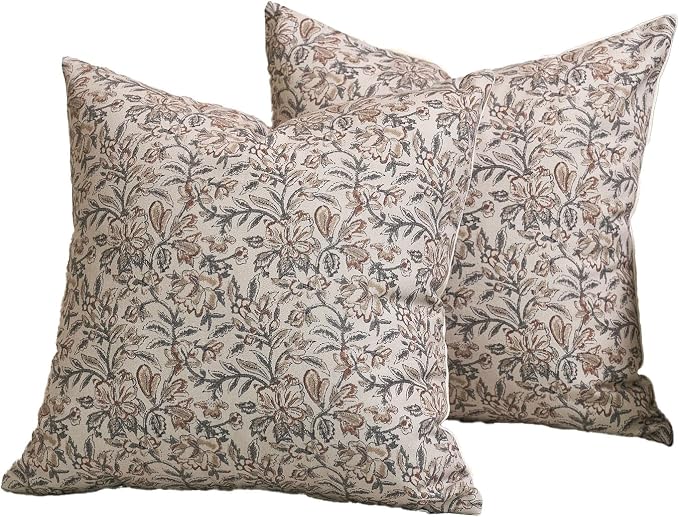 Amor Virisso Floral Throw Pillow Covers 24x24 Set of 2 Vintage Block Print Pillow Covers Decorative Pillow Covers Couch Pillows for Living Room Farmhouse Accent Sofa Pillows, Green/Sand