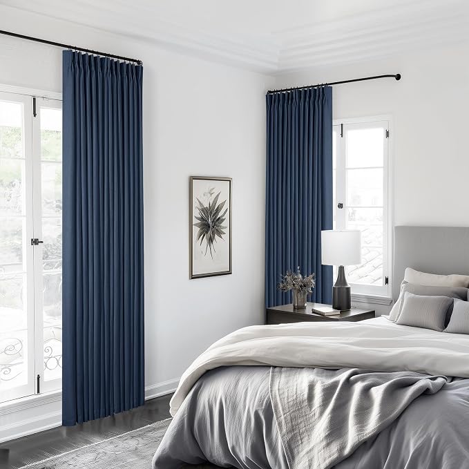 TWODRAPES Navy Pinch Pleated 100% Blackout Linen Curtains for Bedroom 84 Inch Length Room Darkening with Liner Dark Blue Window Curtains 84 Inches Long for Living Room Black Out Pleat Drapes Back Tab