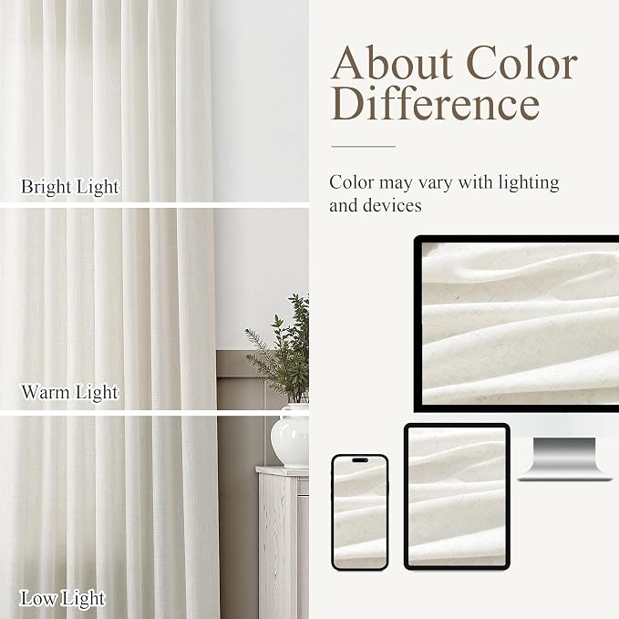 Aersas Cream Linen Curtains 84 Inch Length 2 Panels Set for Living Room Back Tab Semi Sheer Curtain Modern Farmhouse Privacy Light Filtering Drapes Boho Pleated Window Decor, Ivory Natural, 52x84
