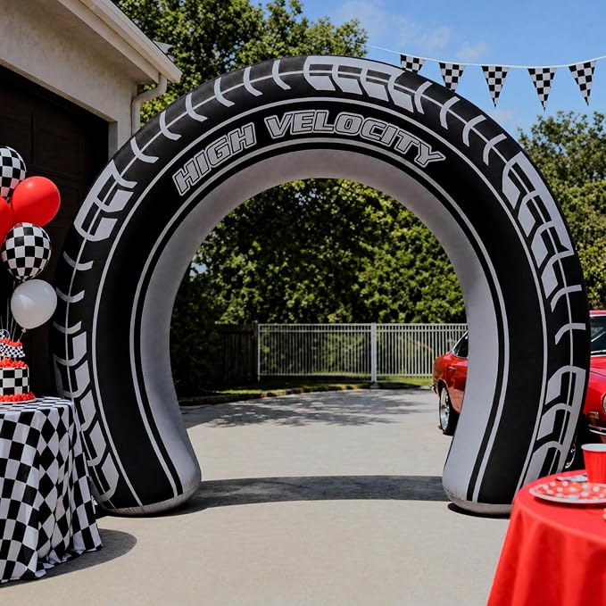 Jenaai 8ft Giant Car Tire Inflatable Arch Blow up Yard Decorations with Built-in LED Lights Car Tire Birthday Party Decor for Outdoor Garden Lawn Holiday Celebration