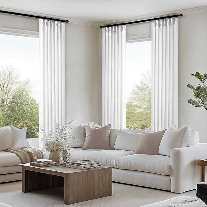 Topfinel Home Beige White Pinch Pleated Semi Sheer Curtains Textured Linen Blended Light Filtering Window Curtains 108 inch for Living Room Pinch Pleat Drapes with Hooks 2 Panels 40" Wx132 L