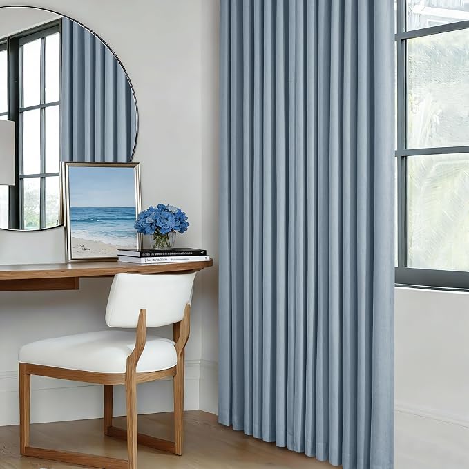 Dusty Blue Blackout Linen Curtains 108 Inches Long for Bedroom Pinch Pleated Black Out Curtains Lined 2 Layers Memory Shape Noise Reducing Coastal Modern Living Room Darkening Window Drapes Blue Grey