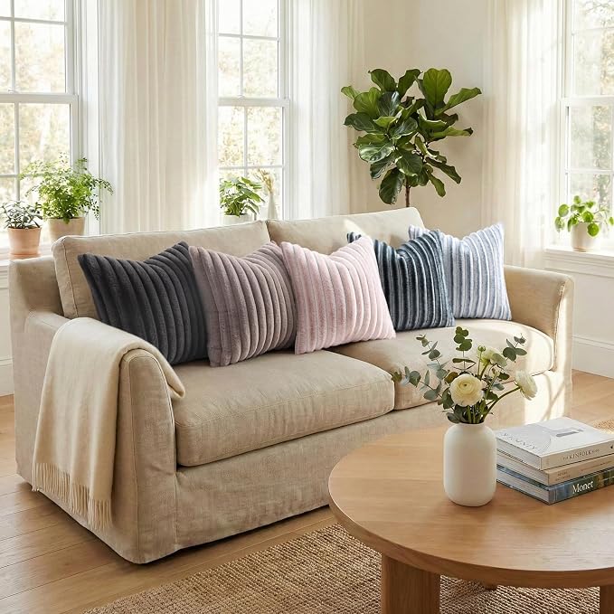 Pallene Faux Fur Plush Throw Pillow Covers 18x18 Set of 2, Luxury Soft Fluffy Striped Decorative Pillow Covers for Sofa, Couch, Living Room, Dark Grey