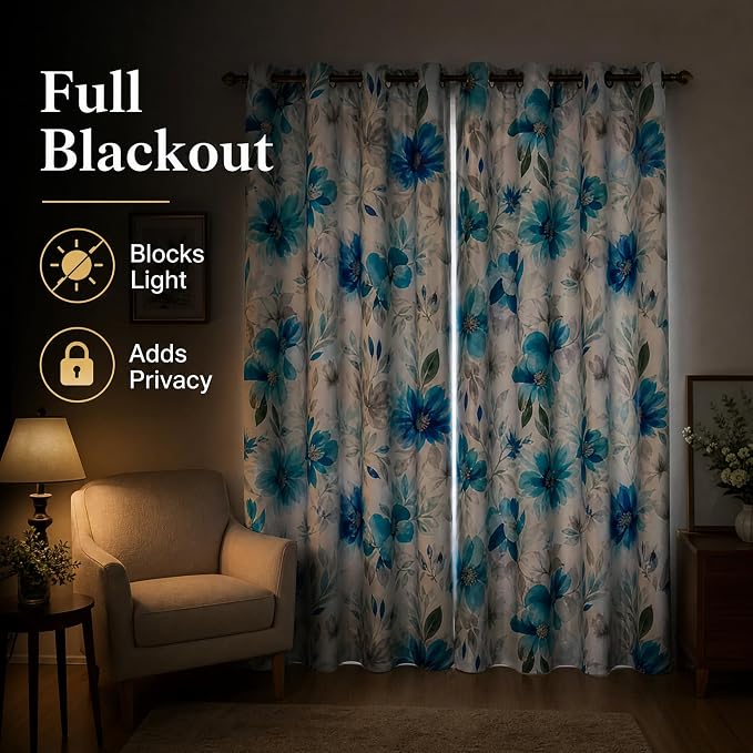 Floral 100% Blackout Curtains 84 Inches Long 2 Panels for Bedroom Vintage Blue Watercolour Patterned Room Darkening Curtain Thermal Insulated Black Out Window Drapes for Living Room, 52x84 inch