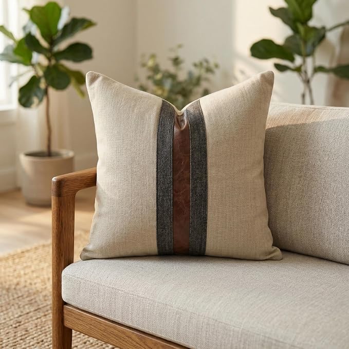 Set of 2 Leather Throw Pillow Covers Cotton Linen Decor Patchwork Pillow Cover Faux Leather Pillows Cover for Couch Sofa Living Room Bedroom,Beige Yellow 20"x20"