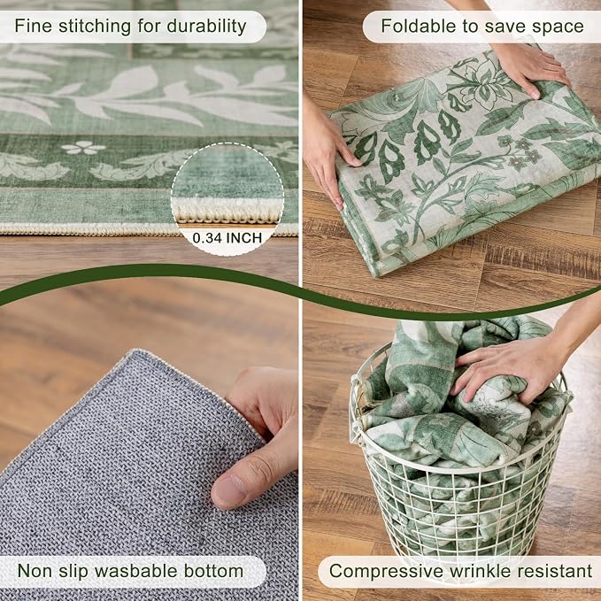 LIANLAM Washable Rug 9x12 Area Rugs for Living Room - Stain Resistant Non-Slip Backing Floral Design Rug for Bedroom,Durable & Ultra-Thin Vintage Large Area Rug(9x12,Green)