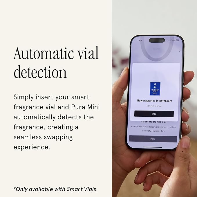 Pura Home Mini Fragrance Diffuser for Small Spaces Adjustable Smart Home Device with LED Light & Automatic Vial Detection - Includes 1 Scent Refill - Lemon