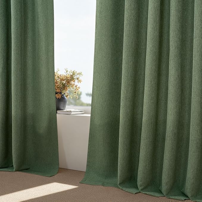 Olive Green Pleat Memory Shape Linen Curtains 90 Inch Length 2 Panels for Living Room, Cottagecore Farmhouse Loden Light Filtering Moss Office at Home Sheer Curtains 40"x90" Long
