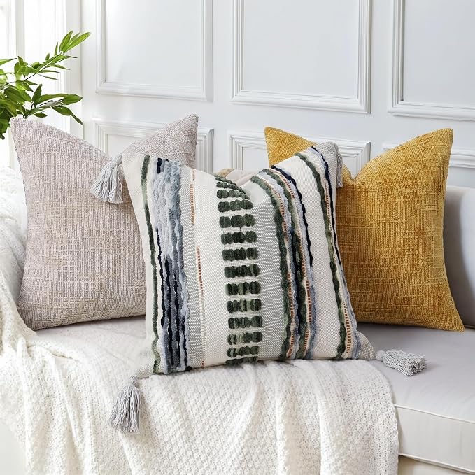NUYECY Boho Throw Pillow Covers 18x18 Aesthetic Neutral Boucle Couch Pillow Cover Rainbow Striped Decorative Accent Pillow Case for Couch Bed Sofa Farmhouse Bedroom,Modern Funky,Set of 2 Sage Green
