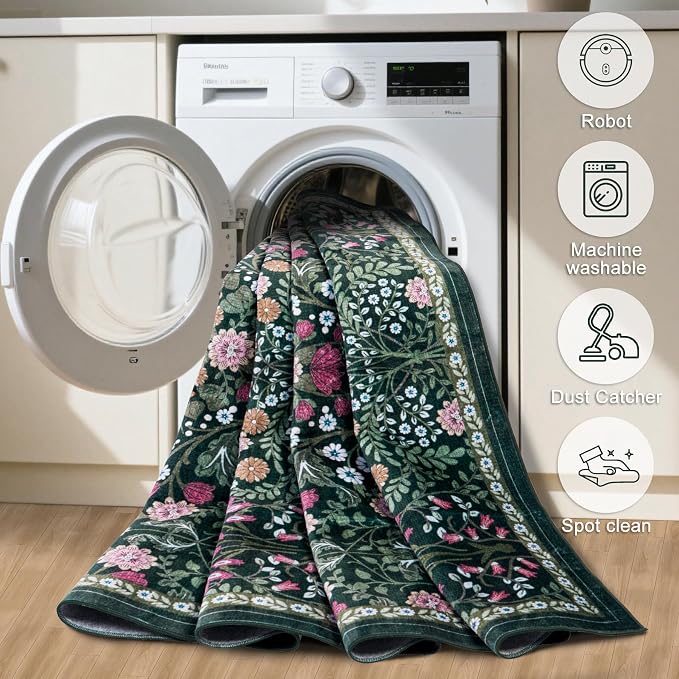 Runner Rug for Entryway: 2x5 Kitchen Rugs Non Slip Washable Ultra-Thin Soft Floral Carpet Indoor Floor Stain Resistant Carpets for Hallway Bedroom Kitchen Laundry Bathroom Dorm Dark Green