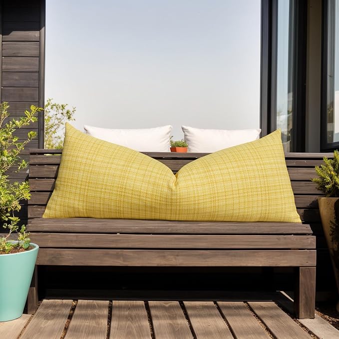 Kevin Textile Outdoor Waterproof Throw Pillow Covers 14x36 Inch Pack of 1 Woven Faux Linen Decorative Water Resistant Long Body Lumbar Cushion Covers for Tent Patio Garden Couch Sofa Yellow