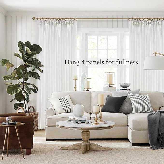 Topfinel 105 Inches Long Pinch Pleated Semi Sheer Curtains,White Linen Blended Light Filtering Window Curtains 105 Length for Living Room Bedroom Pinch Pleat Drapes with Hooks 1 Panels 72" Wx105 L