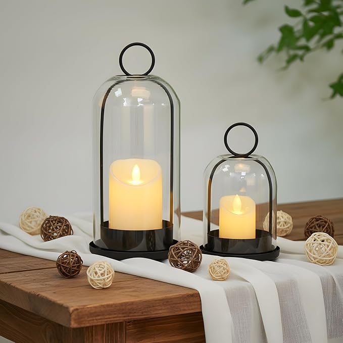 Hurricane Candle Holders Set of 2, 5" & 4" Metal and Glass Candle Lantern with Clear Dome for Pillar Candle, Wedding & Christmas Table Centerpiece, Farmhouse Home Decor (Black, Large & Small)