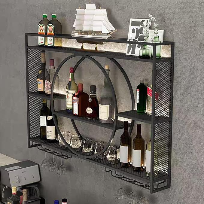Metal Wine Rack Wall Mounted with LED Light, 3-Tier Bar Liquor Shelf with Wine Glass Holder, Modern Large Capacity Liquor Bottle Display Storage Shelf for Home Bar, Dining Room(Black, 120*80*15)