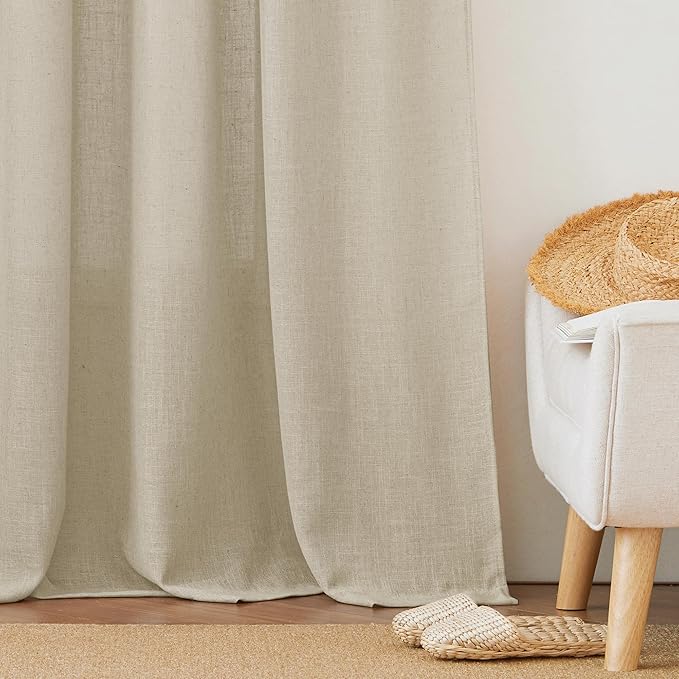 RYB HOME Linen Textured Curtains Semi Sheer Window Curtains Light Filtering Ariy Privacy Sheers for Bedroom Living Room Office Patio Door, Beige, 52 inch Wide x 108 inch Long, 2 Panels