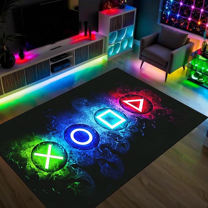 Gaming Area Rugs for Boys Cool Game Style Bedroom, Gamer Rug Room Decor, Video Games Bedroom Carpet Teens, Controller Gamepad Player Standing Throw Doormats Yoga Runner Mat Black, 47 x 31 in