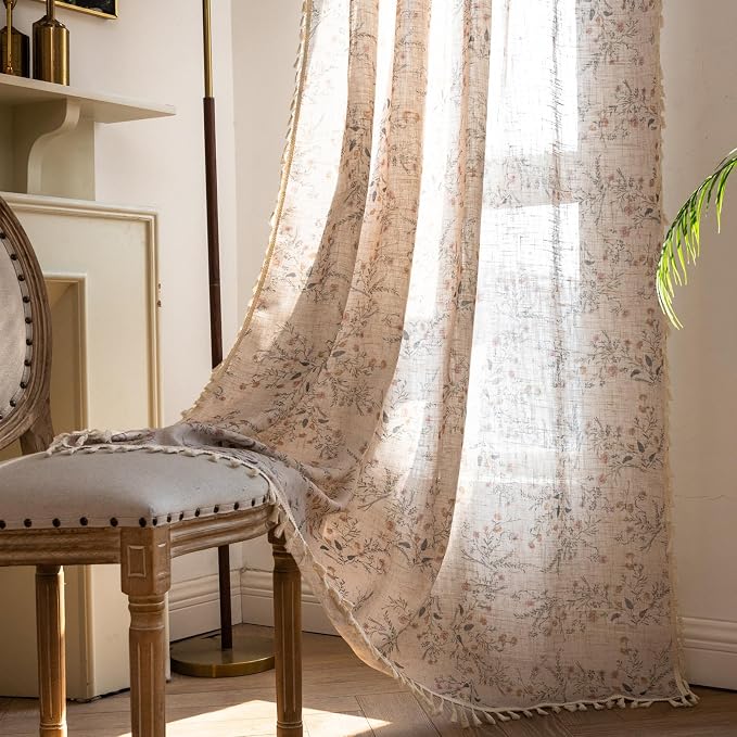 OYX Boho Floral Curtains 63 Inch, Farmhouse Wildflower Drapes with Tassels, Linen Textured Light Filtering Semi Sheer Curtains for Living Room Bedroom, 2 Panels, Rod Pocket, 52Wx63L