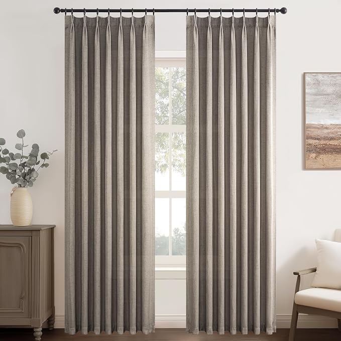94 Inch Length Pinch Pleat Linen Curtains Drapes 2 Panels Set,Hooks Sense of Design Semi Sheer Elegance Window Curtains Living Room Bedroom,Half Price Drapes 94 inches Long Set of 2,Burlywood