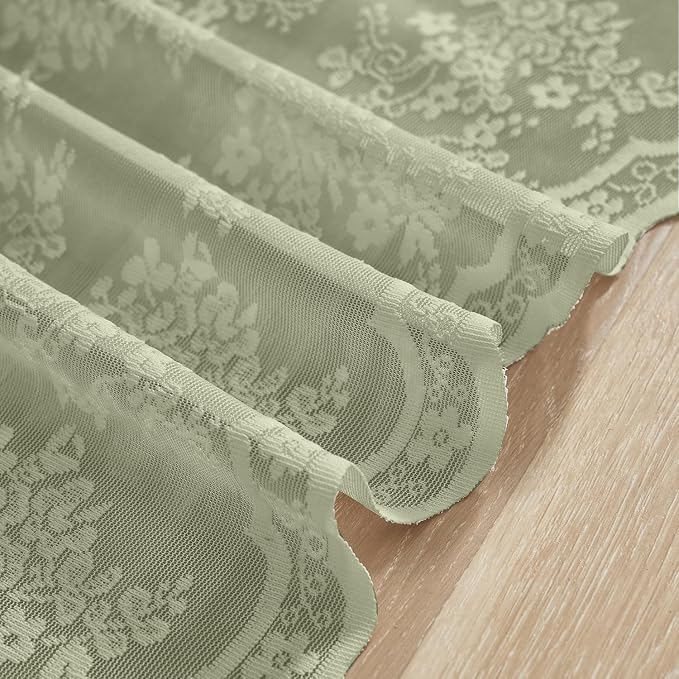 YJ YANJUN Vintage Lace Curtains 36 Inch Length-Victorian Floral Pattern Boho Sage Green Kitchen Window Curtains Over Sink Set of 2 Camper Window Privacy Drapes that Let Light in Spring 26x36 Inch
