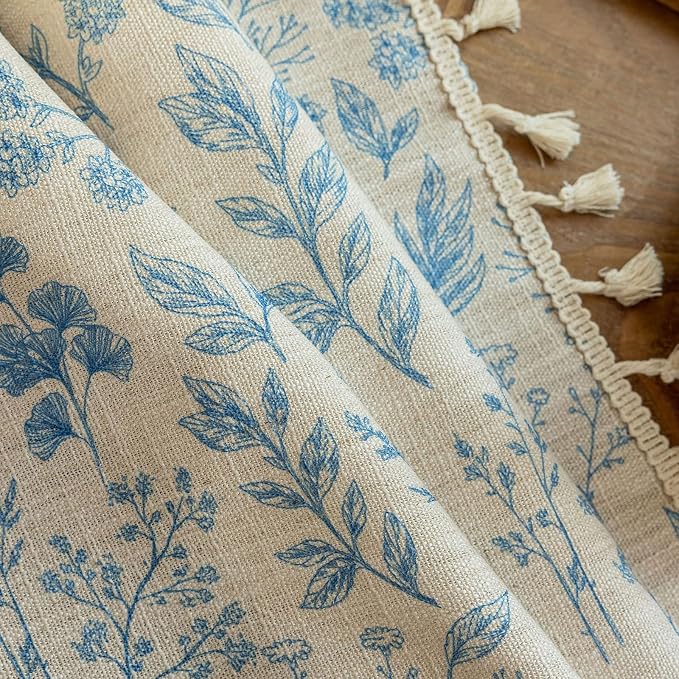 OYX Boho Floral Curtains 84 Inch Length 2 Panels, Linen Farmhouse Curtains Light Filtering Drapes with Tassels for Bedroom Living Room, Vintage Rustic Printed Rod Pocket