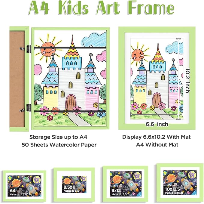 KINLINK A4 Kids Art Frame 2 Pack, Solid Wood Artwork Frames Changeable, Front Opening Hold 150 Pictures, Art Frames for Kids Artwork, 6.6x10.2 with Mat A4 without Mat, Picture Frames Light Green