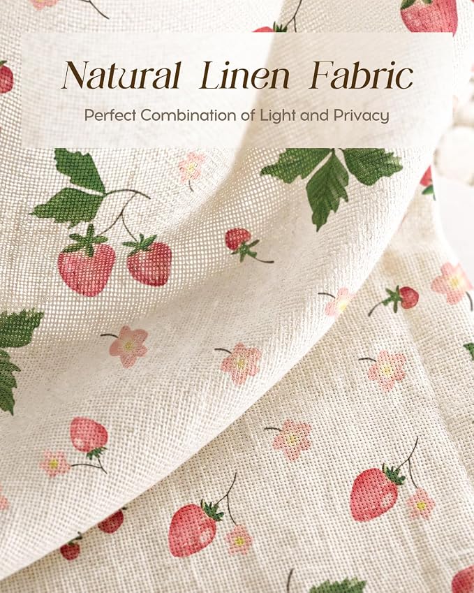 Miss Adola Farmhouse Kitchen Tier Curtains - 18 Inch Length Linen Blend Country Cafe Curtains Strawberry Small Window Treatments Over Sink Rod Pocket for Bathroom Living Room Light Filtering, 2 Panels