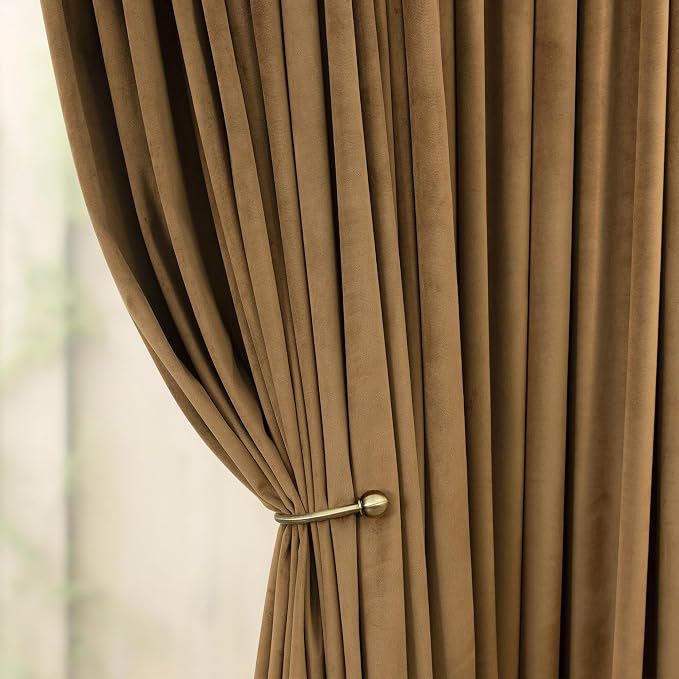 Velvet Curtains 84 Inch Length 2 Panels Set Gold Brown Light Blocking Thermal Insulated Room Darkening Window Drapes Soft Luxury Curtain for Living Room Bedroom Back Tab Pleated Pocket 7ft Long Golden