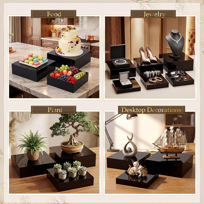 Geelin 6 Pack Acrylic Risers for Display Acrylic Cube Boxes Risers Display Stands with Hollow Bottoms Decorative Stand for Jewelry Candy Table Decor 6 Sizes(Black,10 to 15 Inch,Square)