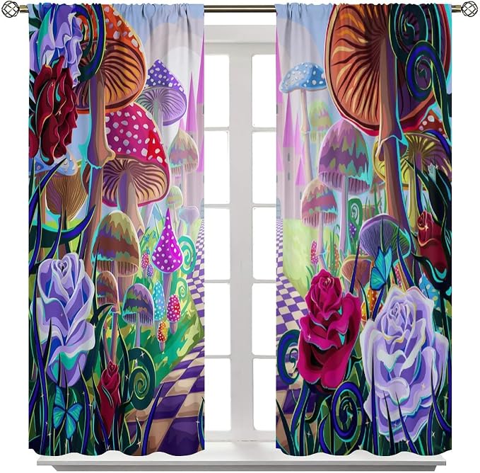 Fantasy Mushroom Curtains,Fairytale Forest Plant Castle Print Window Treatments for Bedroom Living Room Kitchen Colorful Cartoon Floral Window Drapes 2 Panels Set,Total Size72 x 63 Inch