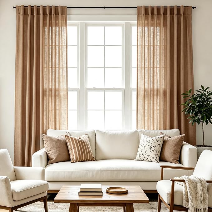Brown Curtains for Living Room Back Tab Modern Farmhouse Semi Sheer Curtains 84 inches Long 2 Panels Set Muted Neutral Window Curtain for Dining Room Bedroom 52x84