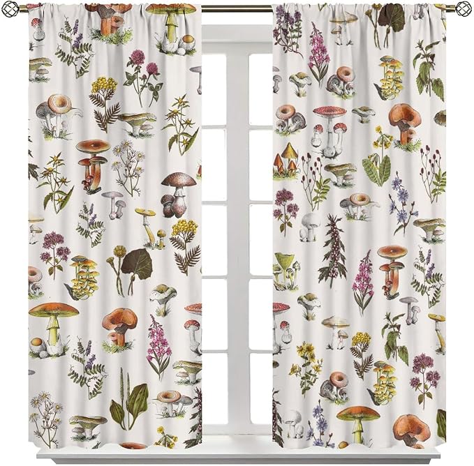Vintage Botanical Curtains, Rustic Plants Herbs Mushroom Nature Wildflower Print Blackout Window Treatments for Living Room Bedroom Kitchen 42x54 Inch