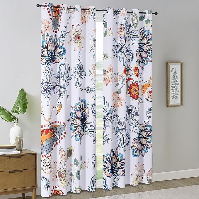 Estelar Textiler Blue Floral Print Blackout Curtains for Bedroom 108 inch Long 2 Panels,Boho Vintage Style Flower Curtains & Drapes, Grommet Window Drapes for Living Room/Bedroom,52x108 Inch