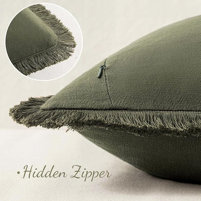 MIULEE Decorative Throw Pillow Covers Neutral Linen Fringe Throw Pillows Set of 1 Olive Green Boho Farmhouse Cushion Covers for Couch Sofa Bed Living Room Spring Home Decor 14x36 Inch