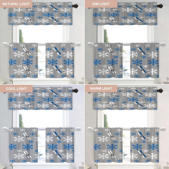 Shrahala Snowflakes Skis Blackout Curtain Tiers, Winter Sports Themed Pattern Kitchen Valance Light Blocking Tier Drapes with Rod Pocket, 2 Pack 26 X 24 in