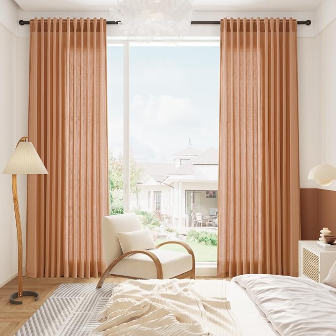Nanspring Peach Quartz Curtains 90 Inches Long 2 Panel Set Back Tab Rod Pocket Linen Blend Bohemian Semi Sheer Light Filtering Neutral Decor for Relaxing Bedroom and Charming Living Room 52x90