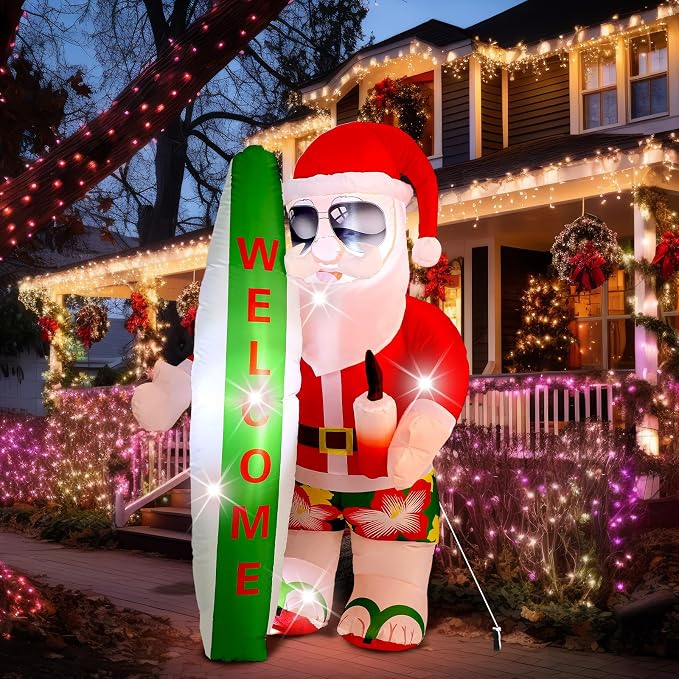 VIHOSE 5.4 Ft Christmas Inflatable Decorations Hawaiian Tropical Santa Claus on Beach Blow Up Yard Decor Build in Led Lights for Indoor Outdoor Garden Lawn Holiday Party