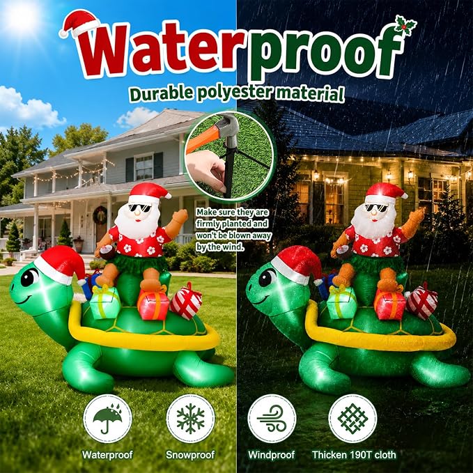 Leyndo Christmas in July Inflatable,6 ft Huge Christmas Inflatables Santa Claus Ride on Sea Turtle,Built-in LED Xmas Blow up Yard Decorations for Holiday Party Lawn Beach Supplies