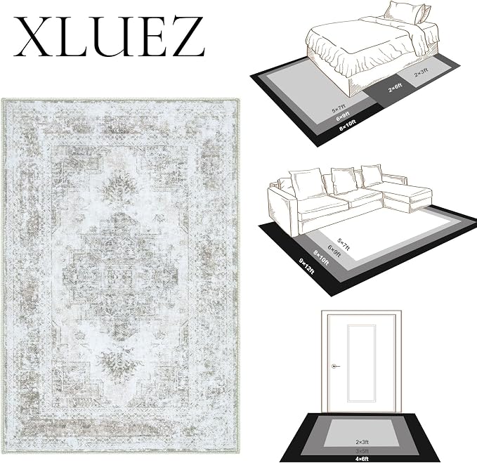 XLUEZ Area Rug 10x14 Living Room Rugs, Machine Washable Vintage Distressed Medallion Rug Non-Slip Soft Low Pile Large Indoor Rugs for Bedroom Kitchen Dining Room Office(Taupe,10'x14')