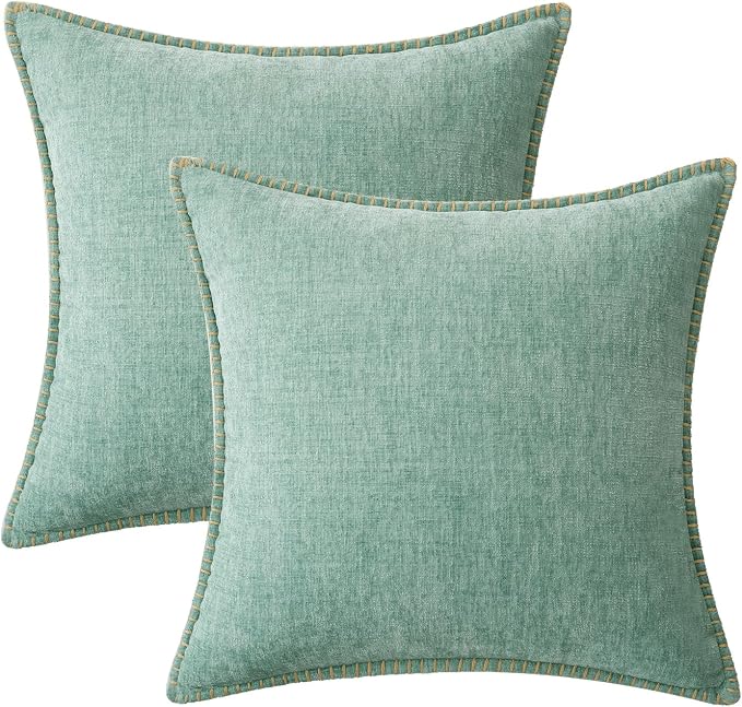 MIULEE Pack of 2 Summer Throw Pillow Covers 18x18 Inch Aqua Green Farmhouse Decorative Pillow Covers with Stitched Edge Soft Chenille Solid Dyed Pillow Covers for Couch Sofa Bed Living Room