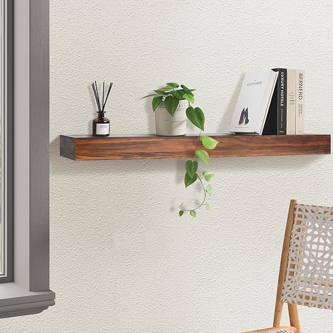 AZSKY Deep Walnut Fireplace Mantel Shelf Wall Mounted, Handcrafted 60 Inch Floating Mantel Shelf for Over Fireplace, Long Hollow Solid Wood Shelf with Invisible Bracket for Living Room Under TV Decor