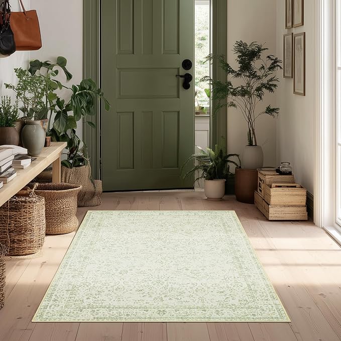 BILEEHOME Sage Green 2x3 Boho Rugs for Kitchen Bathroom Hallway Washbale Non Slip Front Door Rug Indoor Entrance Low Pile Light Green Area Rug for Bed Side Bedroom Floor Laundry Room 2 x 3