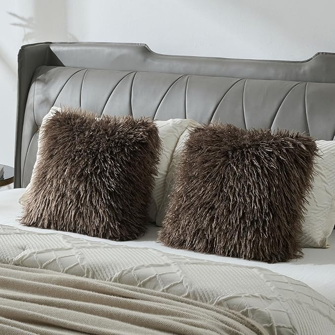 FUTEI Pack of 2 Shaggy Mongolian Faux Wool Throw Pillow Covers 18x18 Inch Soft Fluffy Farmhouse Decorative Cushion Case for Couch Bed Living Room, Dark Coffee