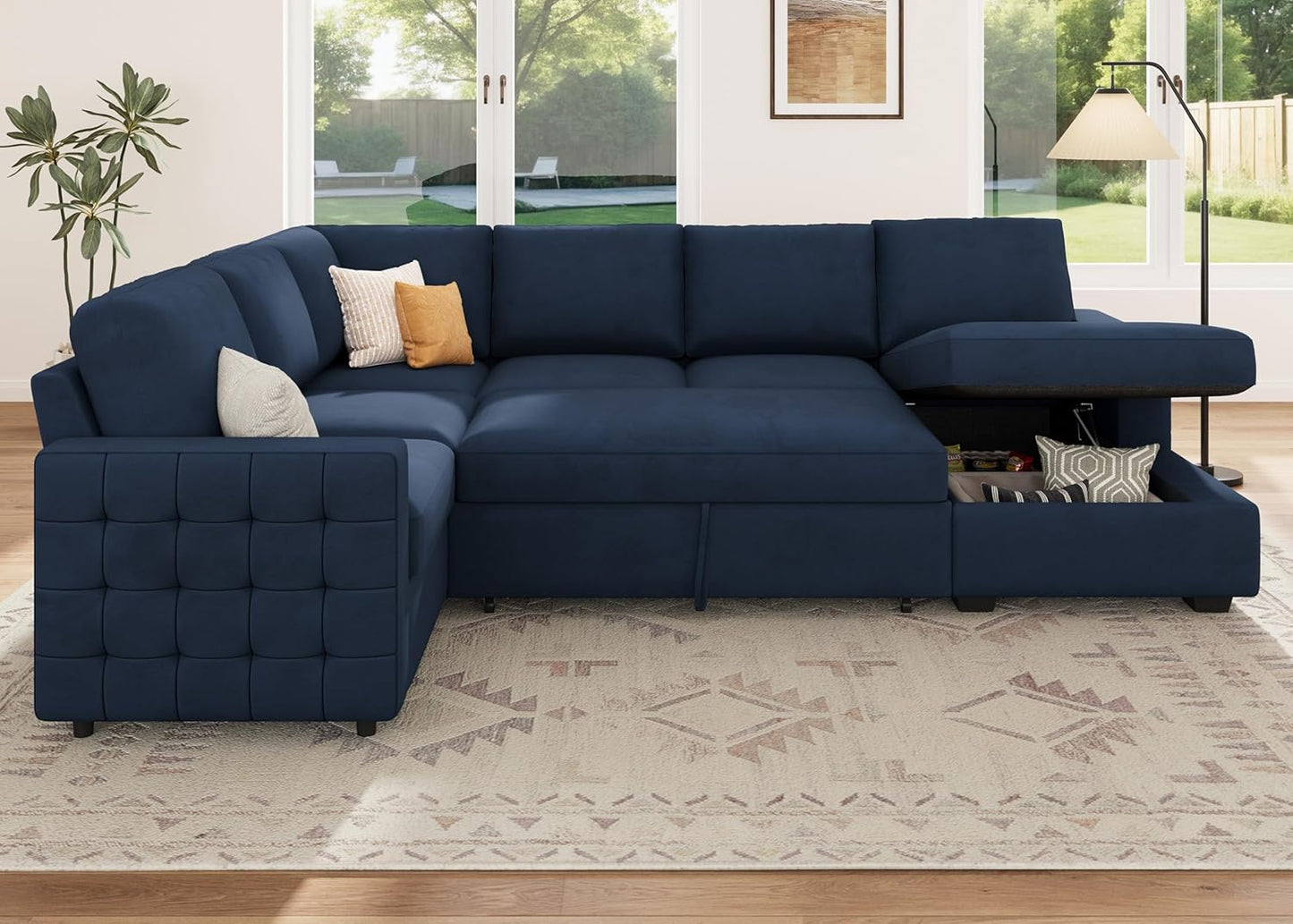 HONBAY Sleeper Velvet Blue Sectional Couch with Pull-Out Bed, Storage Chaise for Living Room