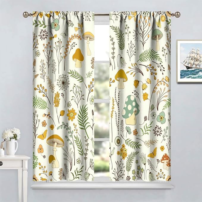 Wild Mushroom Curtains, Vintage Botanical Rustic Retro Wildflower Herbs Plants Green Mushroom Blackout Window Treatments for Living Room Kitchen Bedroom 63x63in