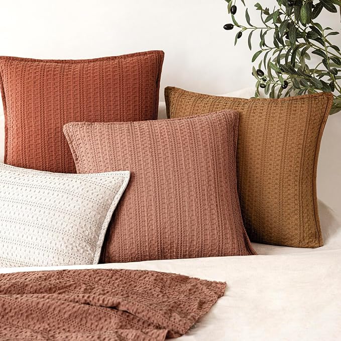 Foindtower Set of 2 Decorative Cotton Waffle Weave Throw Pillow Covers Euro Shams Cushion Covers Accent European Pillowcase for Bed Couch Sofa Bedroom Living Room Home Decor 20×20 Inch Coral Pink