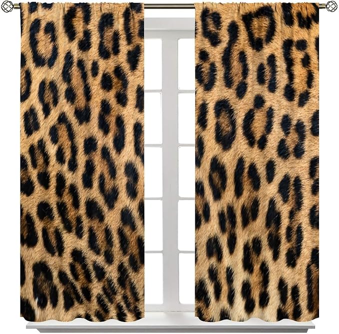 Leopard Print Blackout Curtains, Retro Wild Animal Skin Black Brown Fur Leopard Print Rod Pocket Curtain Window Treatments 2 Panels Drapes for Kitchen Bedroom Living Room Office Deocr 63"W X 63"L